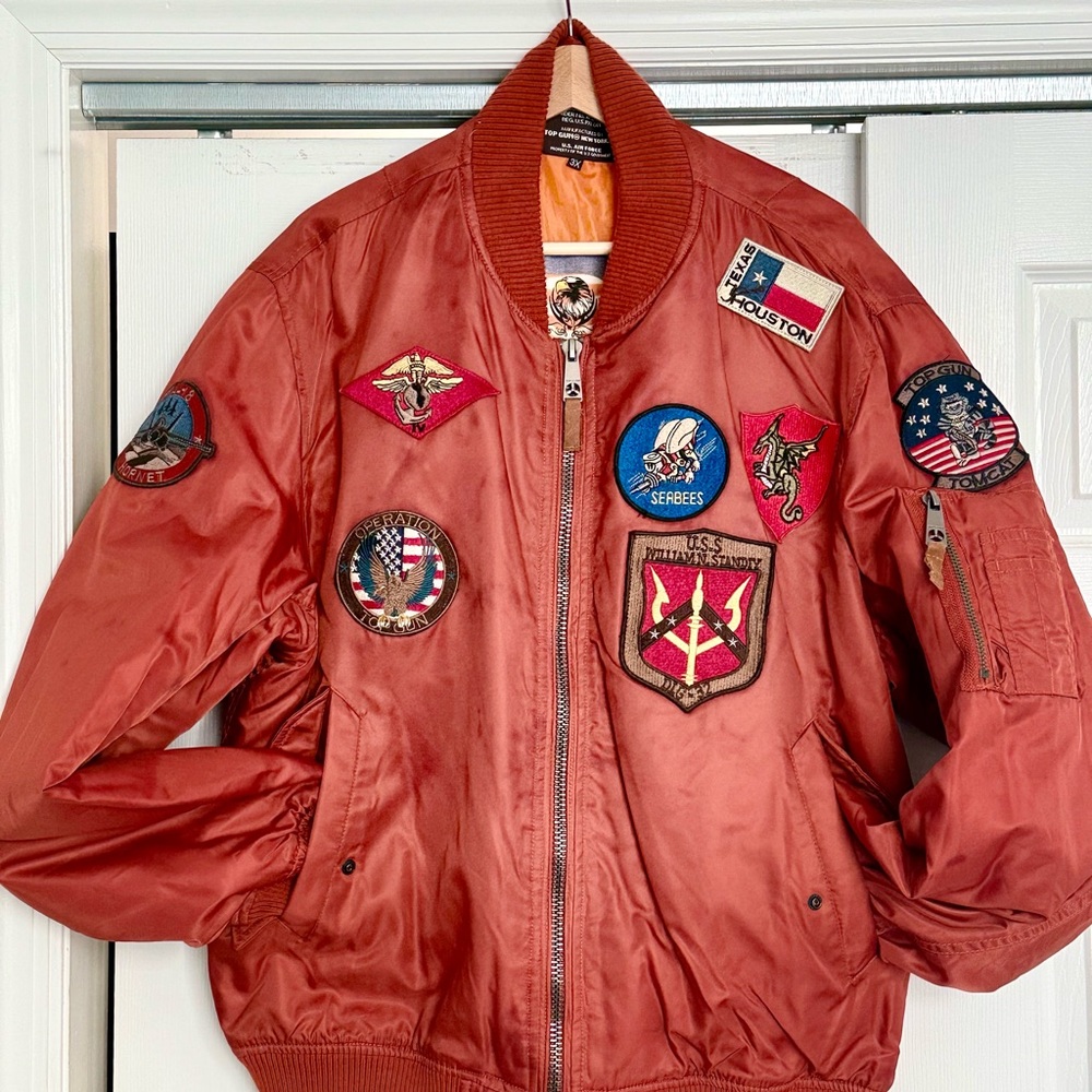 Men's Orange Bomber Jacket with Patches
